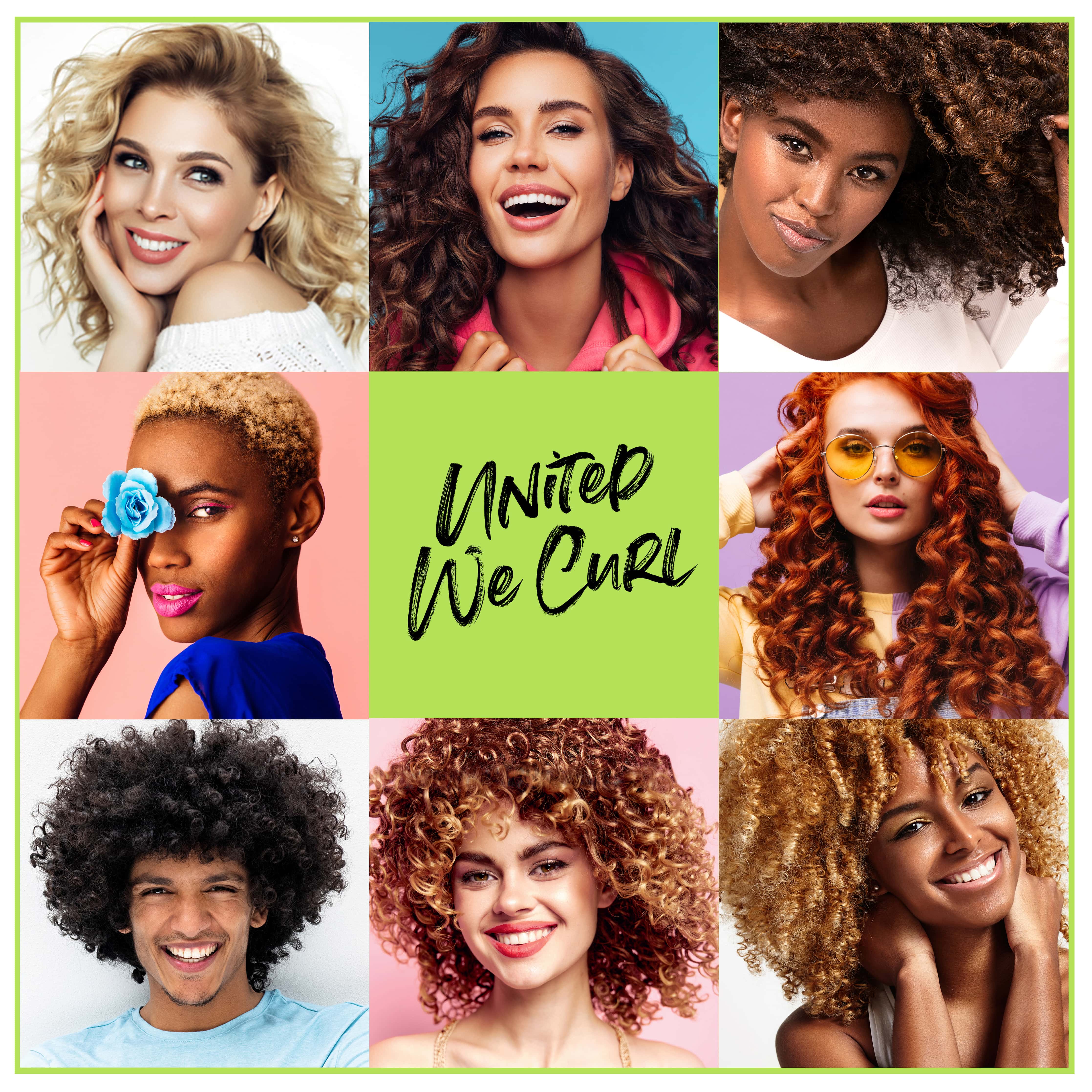 Eight curly haired models posing around the text "United We Curl".