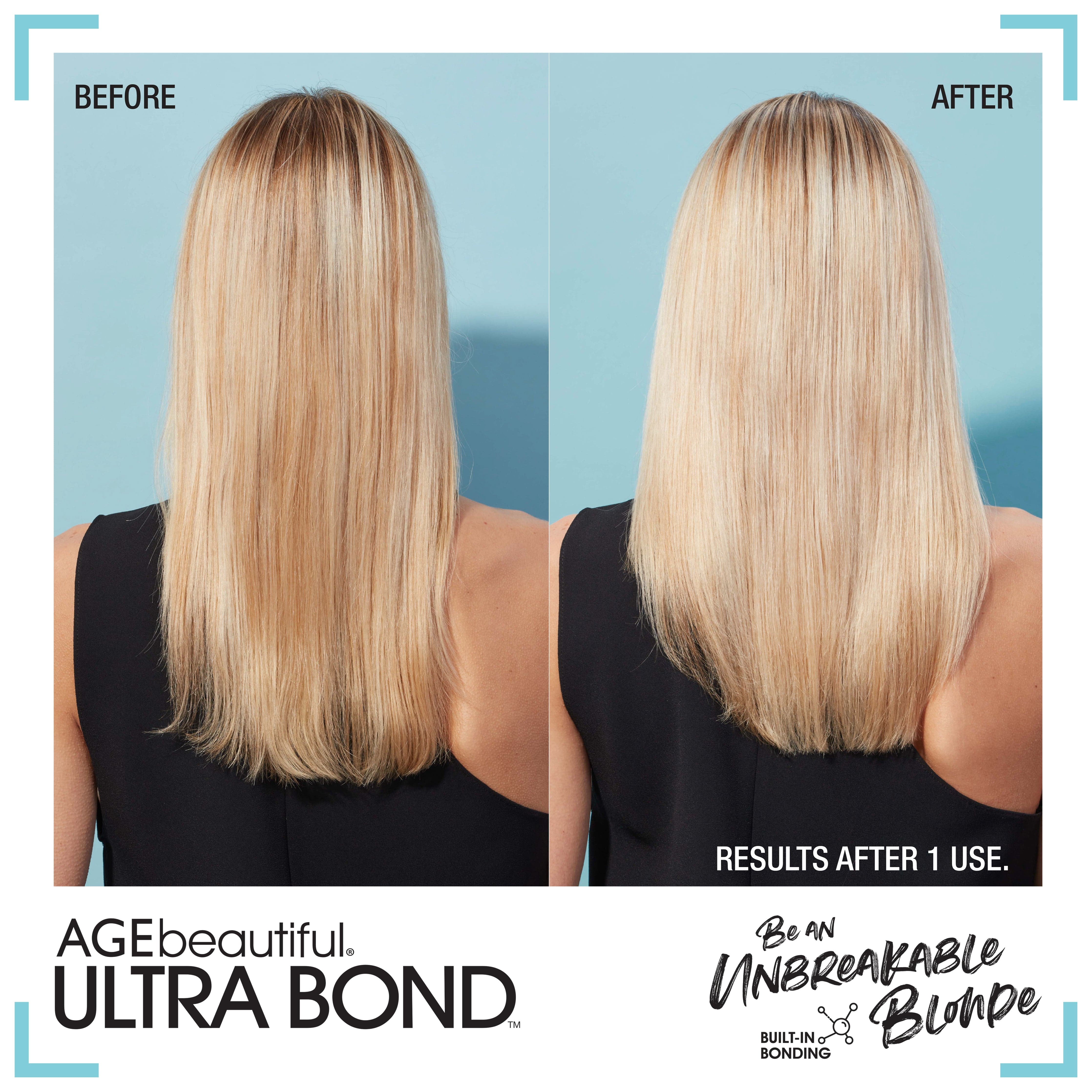 AGEbeautiful® Ultra Bond™ No. 1 Blonde Care Purple Conditioner+ before & after