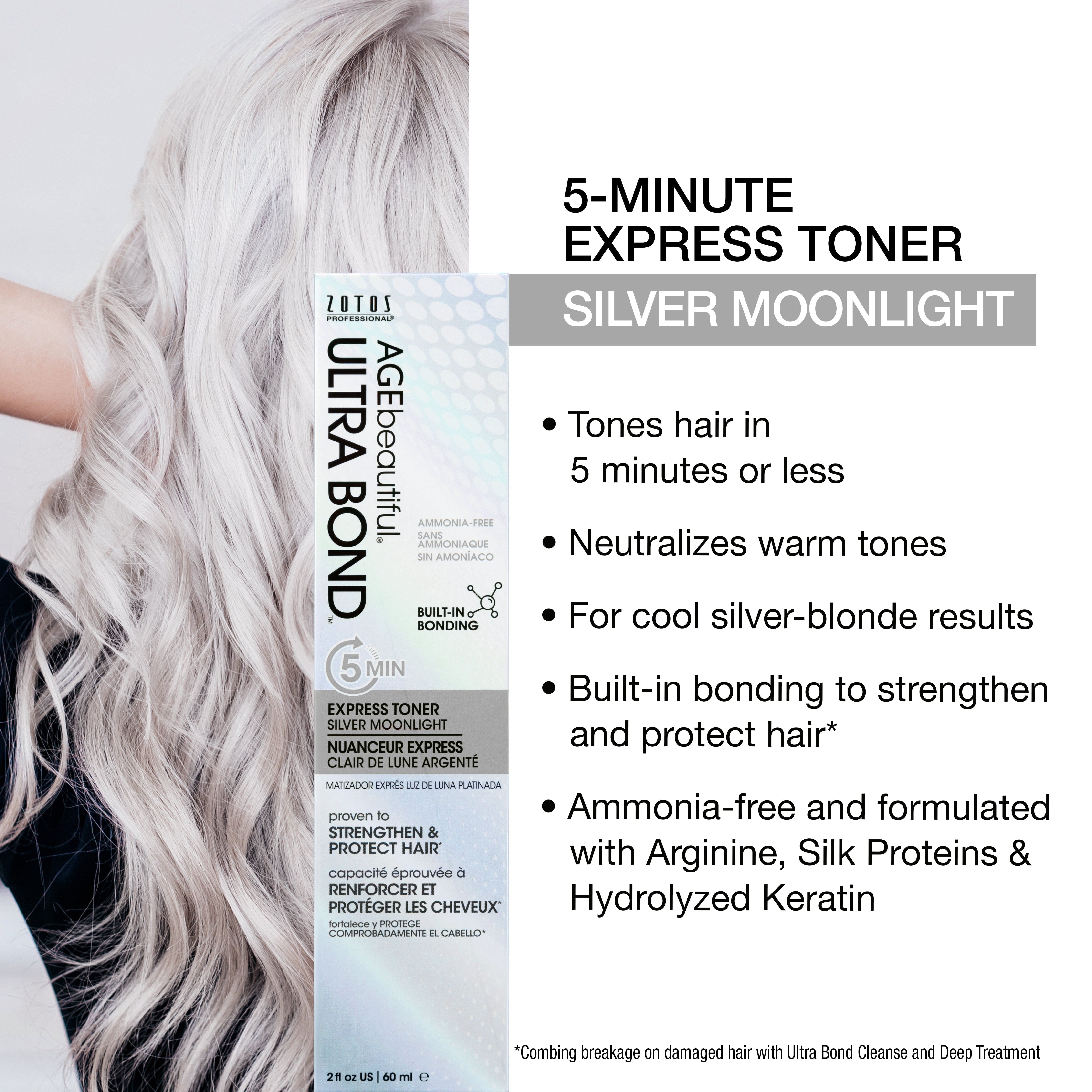 Silver moonlight tones hair in 5 minutes or less, neutralizing warm tones for cool silver-blonde results. Built in bonding to strengthen and protect hair. Ammonia-free and formulated with Arginine, Silk Proteins and Hydrolyzed Keratin.