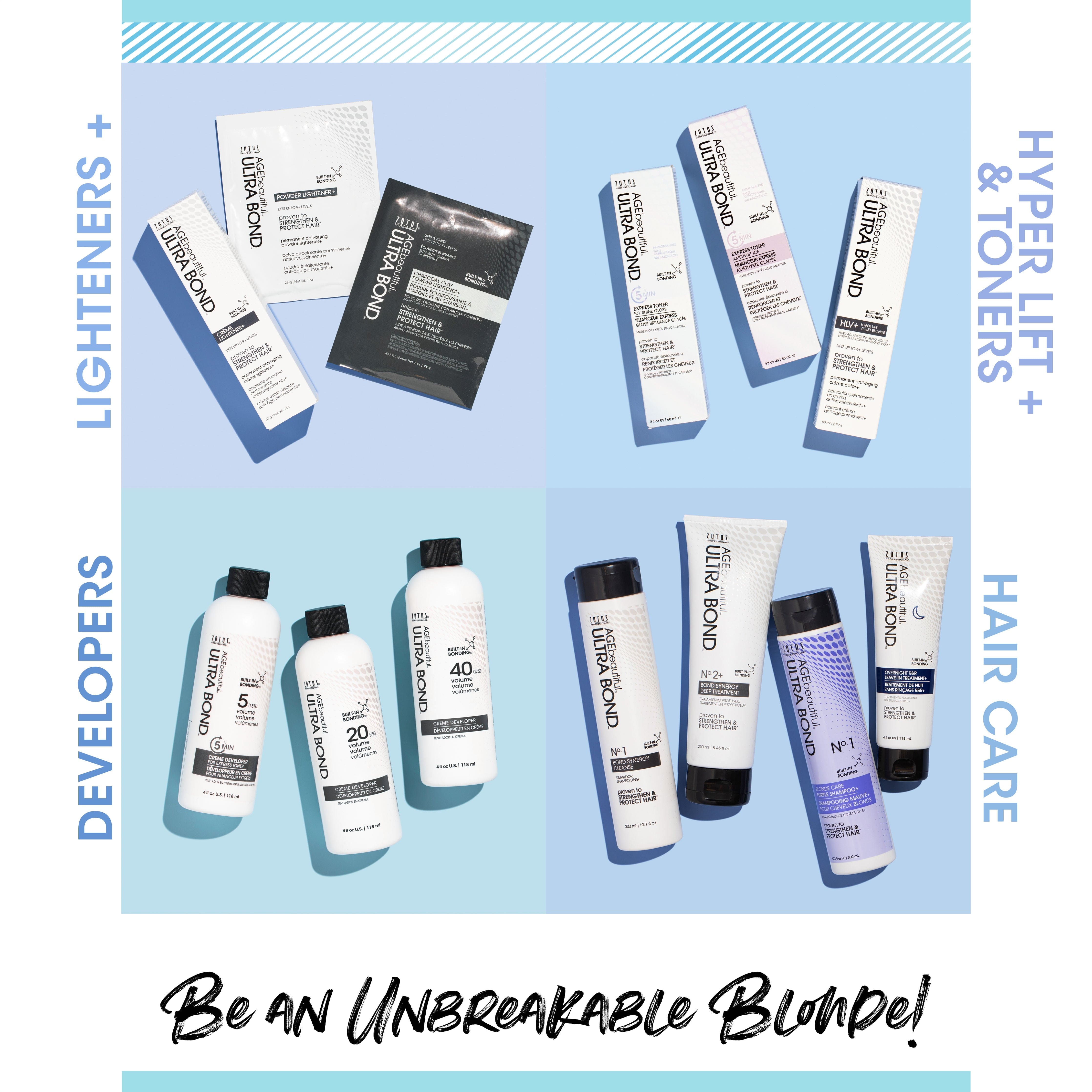 Ultra Bond products, lighteners, hyper lift and toners, developers, and hair care.