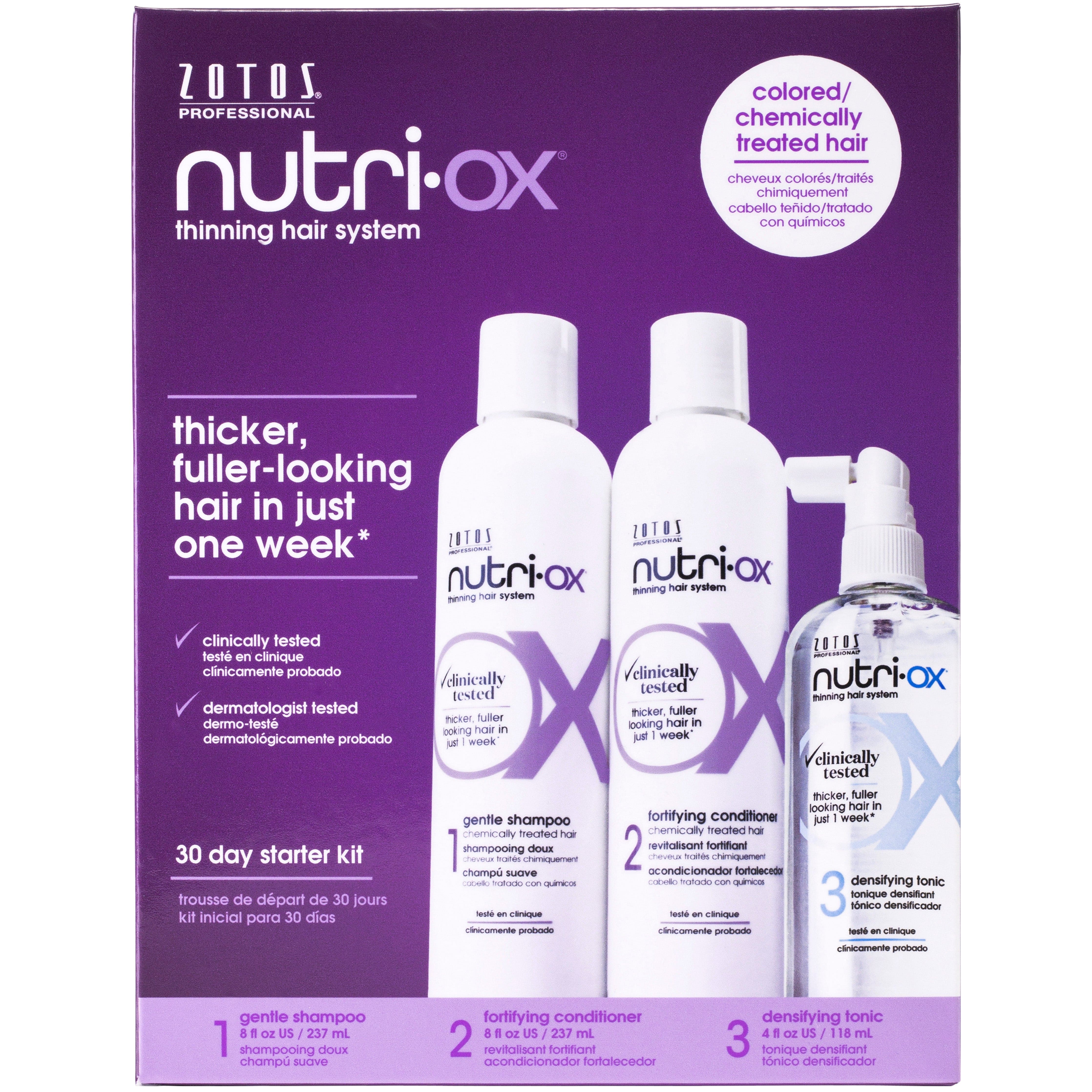 Nutri-Ox Thinning Hair System for Colored/Chemically Treated Hair, including: Gentle shampoo, fortifying conditioner, and densifying tonic