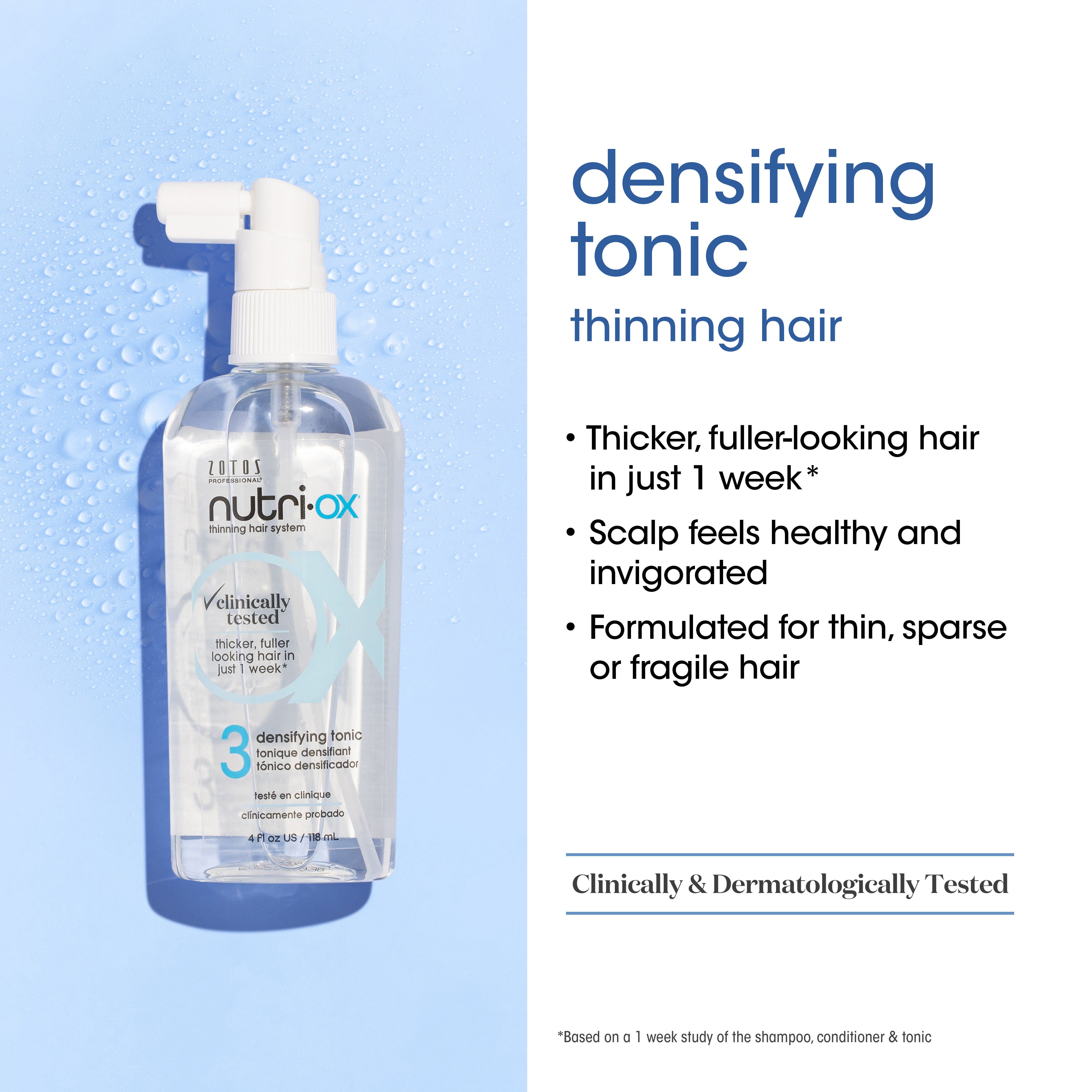 Densifying tonic for thinning hair. Thicker, fuller-looking hair in just 1 week, scalp feels healthy and invigorated, formulated for thin, sparse or fragile hair. 