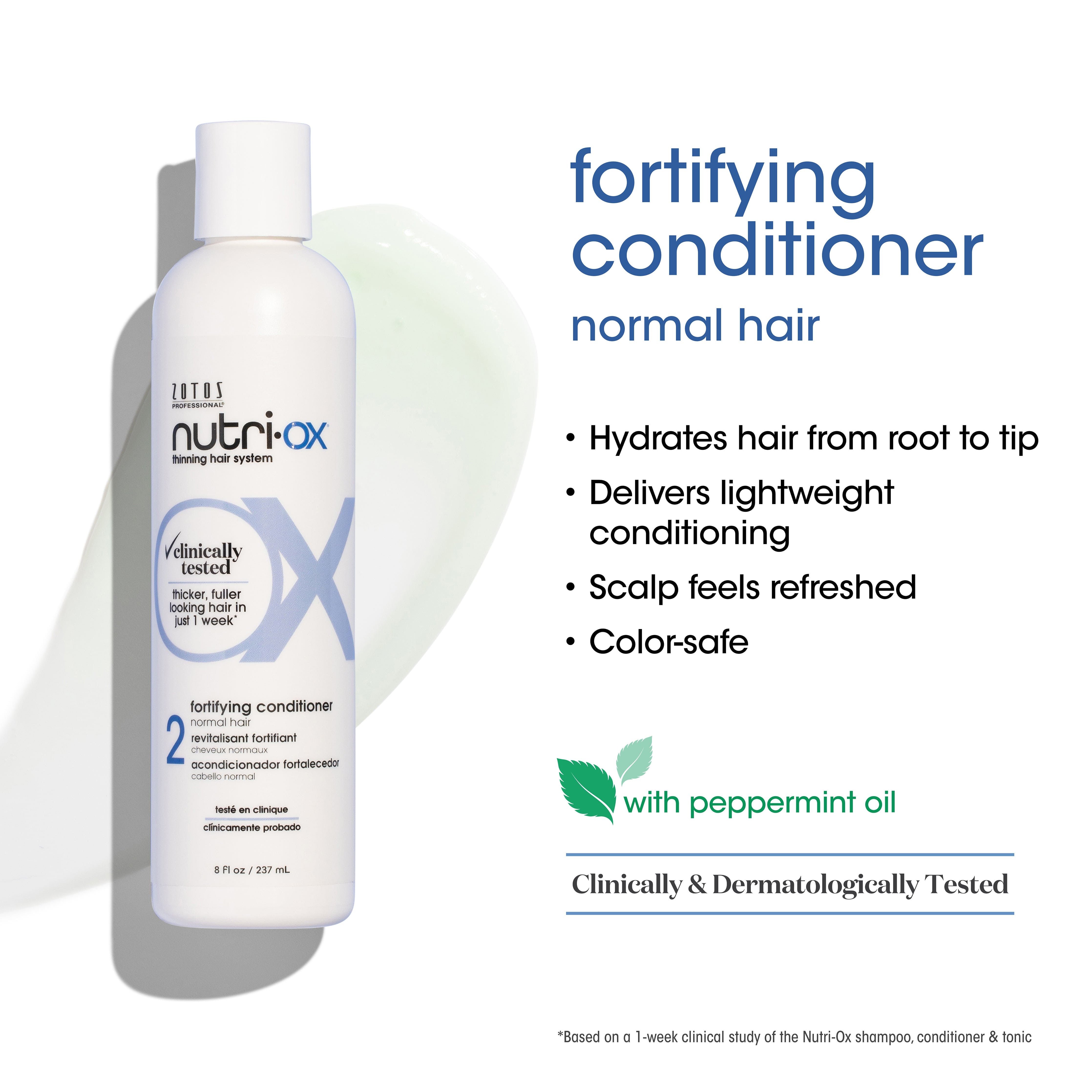 Fortifying conditioner for normal hair. It hydrates hair from root to tip, delivers lightweight conditioning, scalp feels refreshed, color-safe.