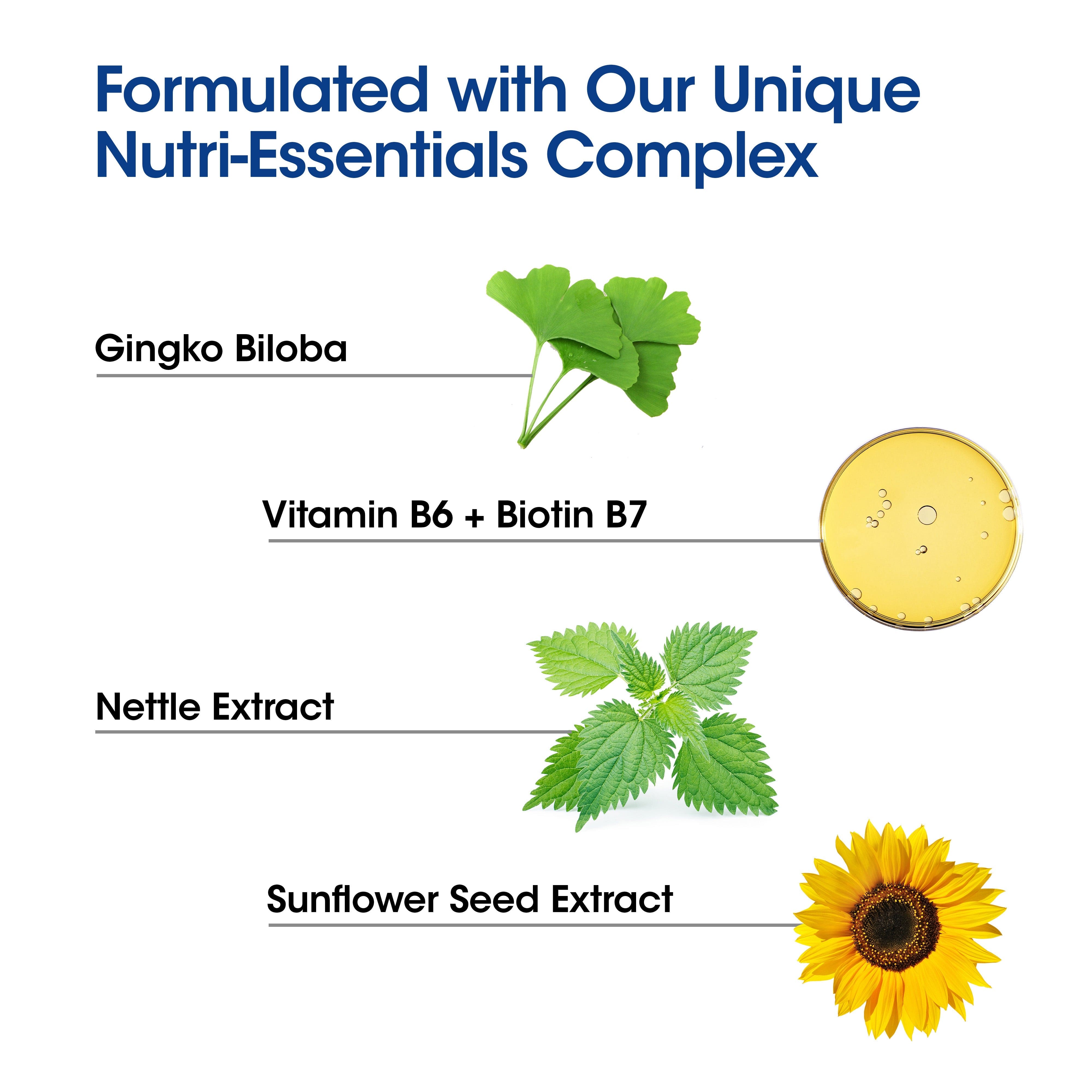 Four essential ingredients: Gingko biloba, vitamin B6 + B7, nettle extract, sunflower seed extract.