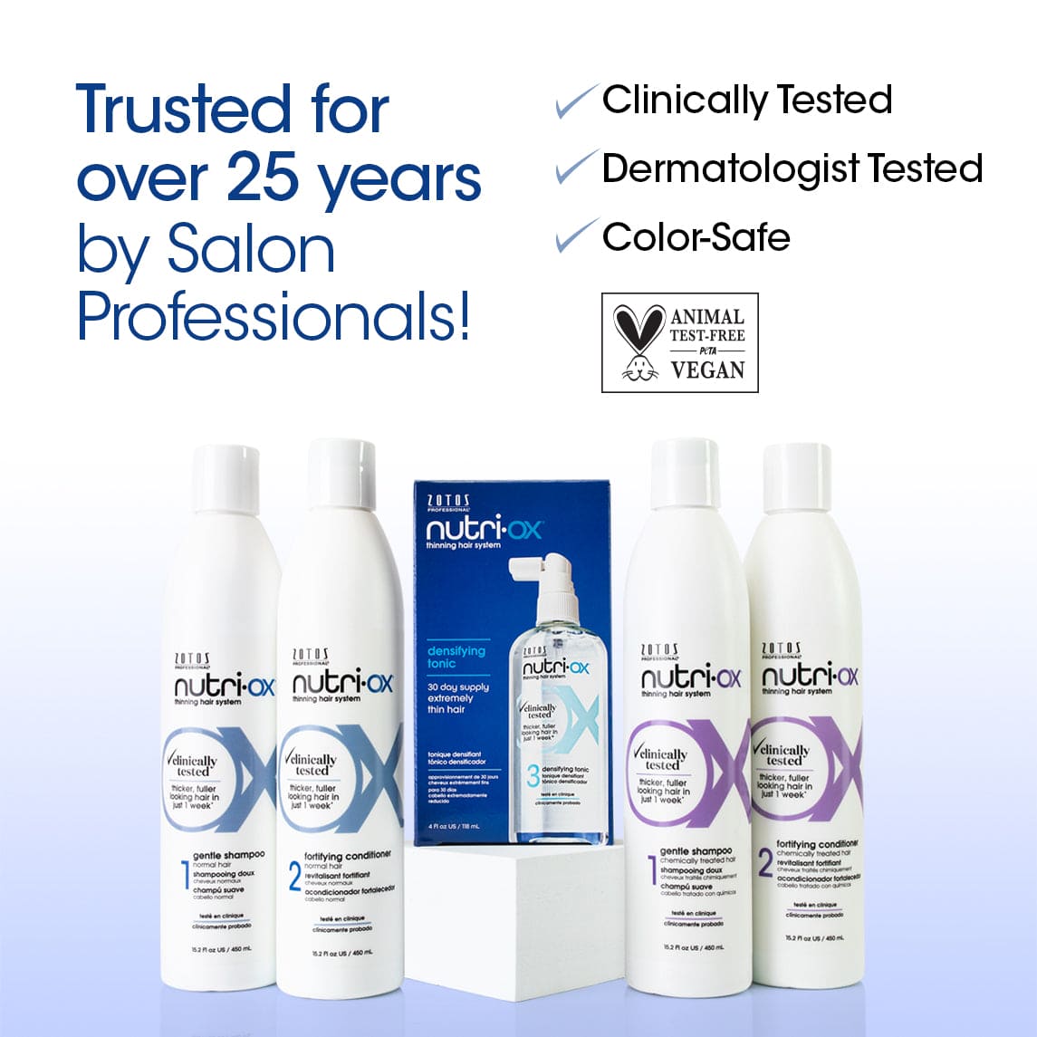 Trusted for over 25 years by Salon Professionals! Clinically and dermatologist tested, color safe, animal test-free and vegan.