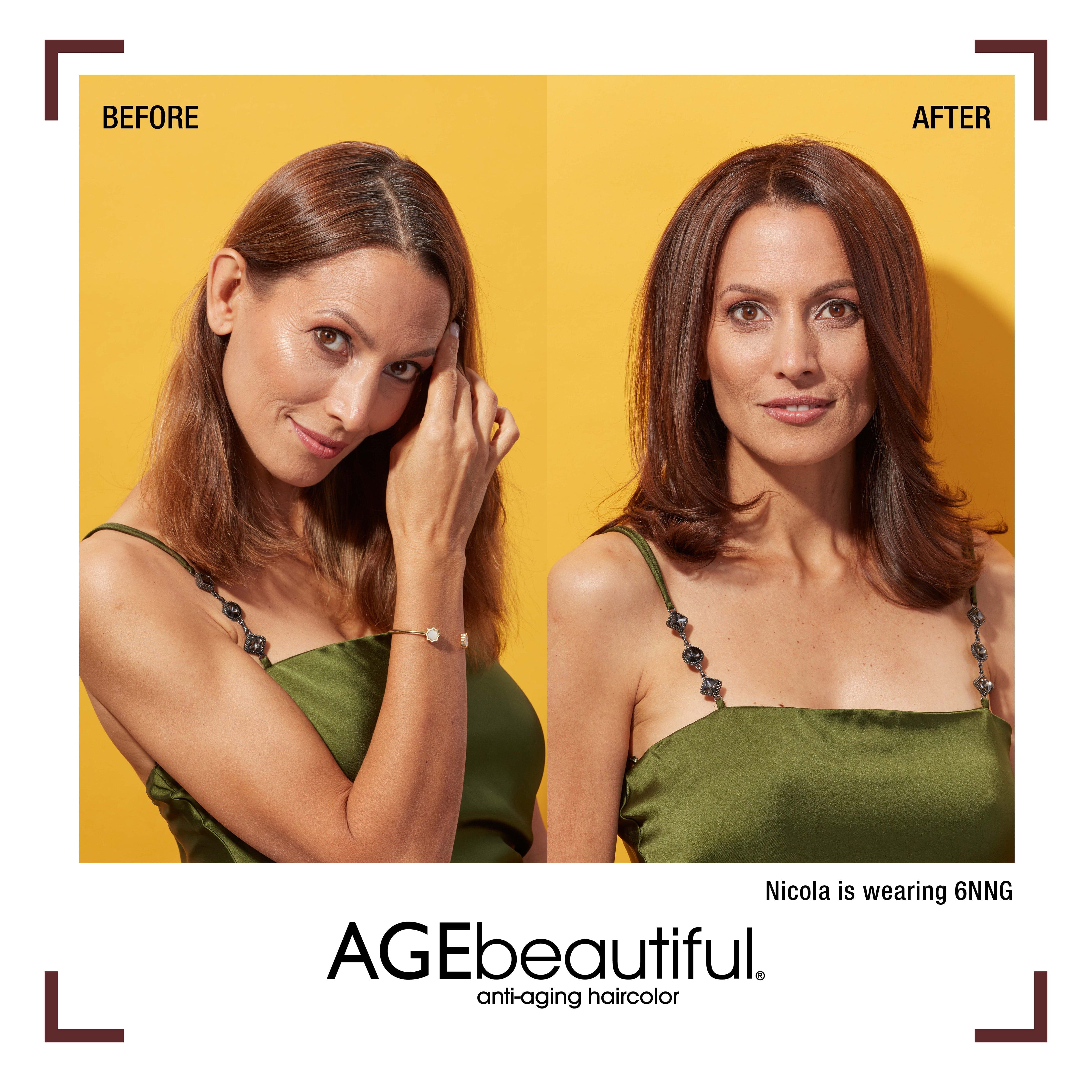 AGEbeautiful liqui-creme hair color model before and after model wearing 6NNG.
