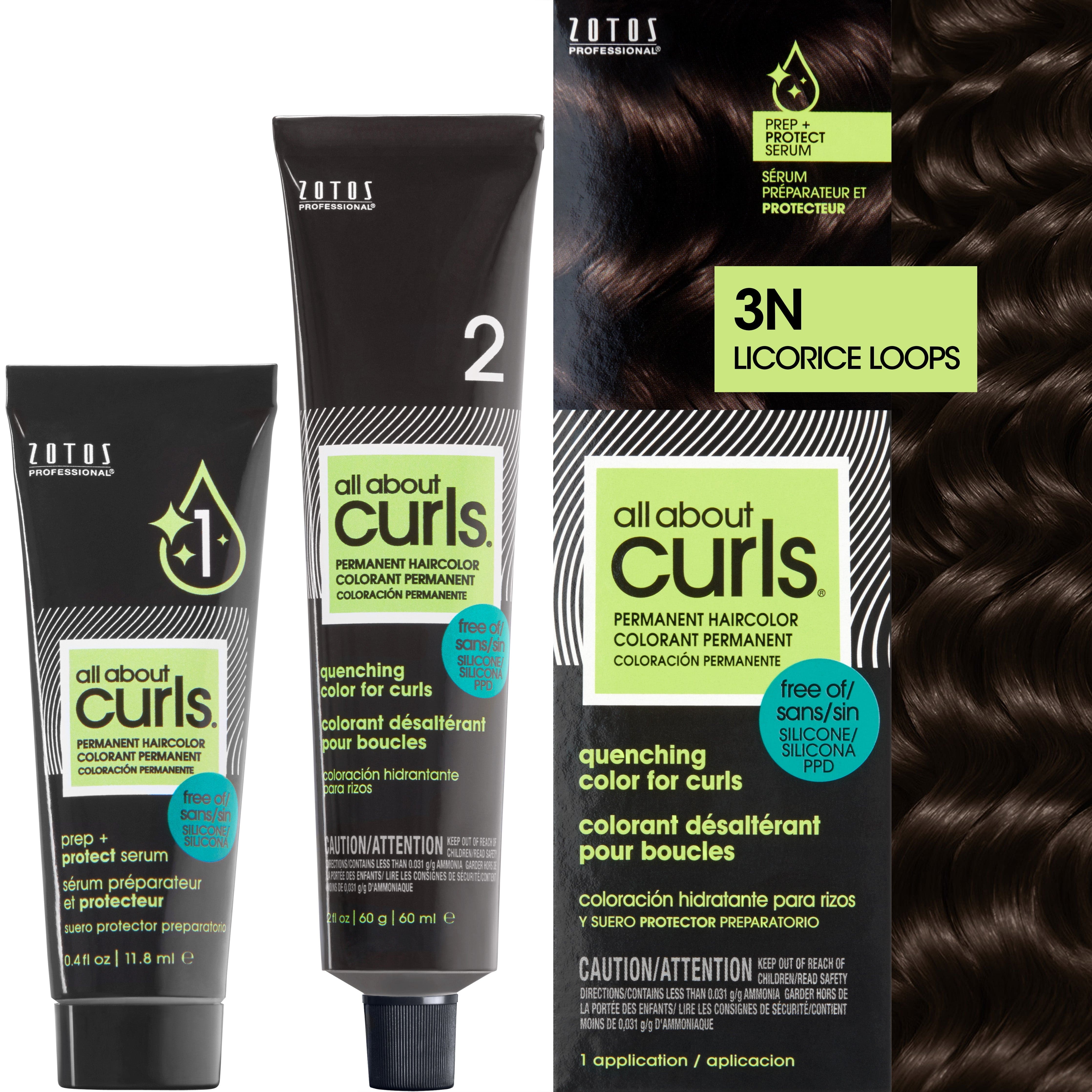 Two bottles and packaging for All About Curls Permanent Color in shade 3N Licorice Loops.