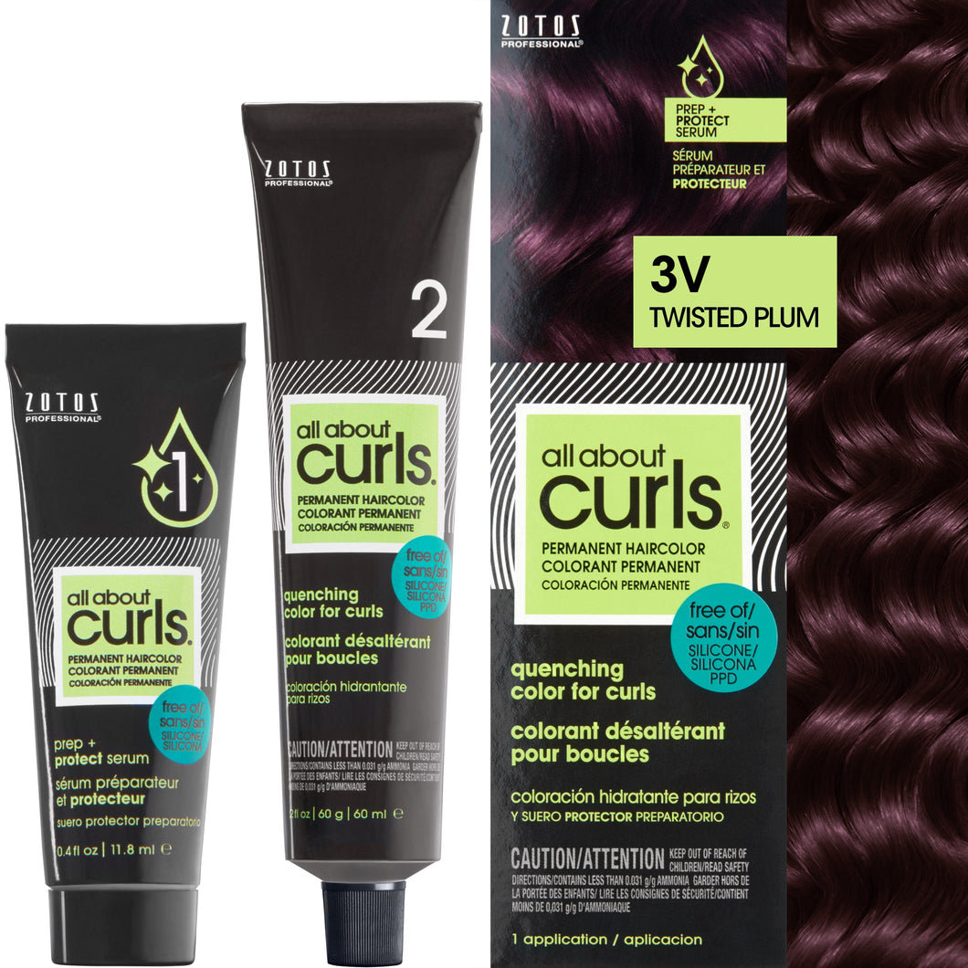 Two bottles and packaging for All About Curls Permanent Color in shade 3V Twisted Plum.